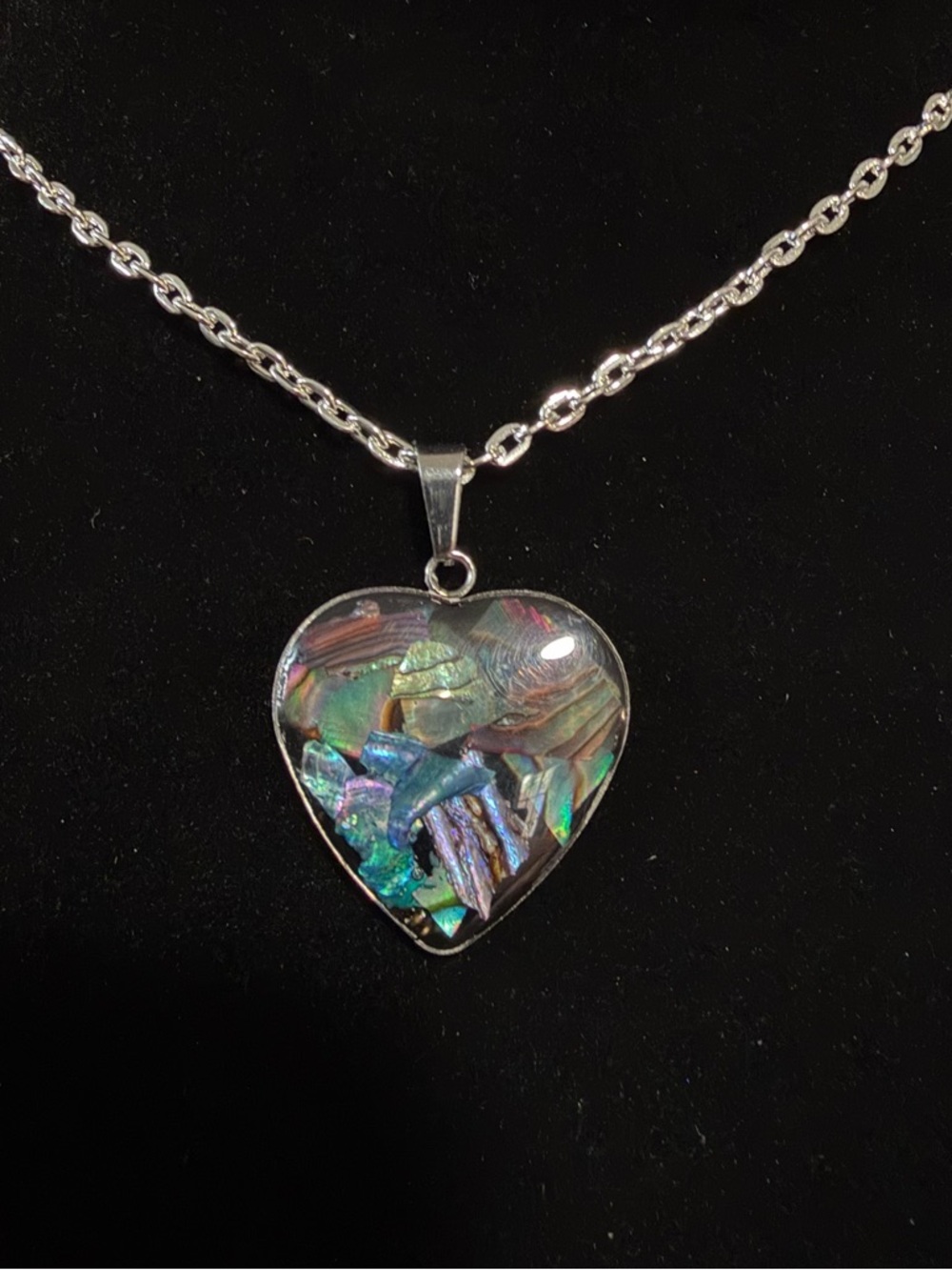 Hand Crafted Iridescent Abalone Heart Pendant Necklace in Multi-Color
